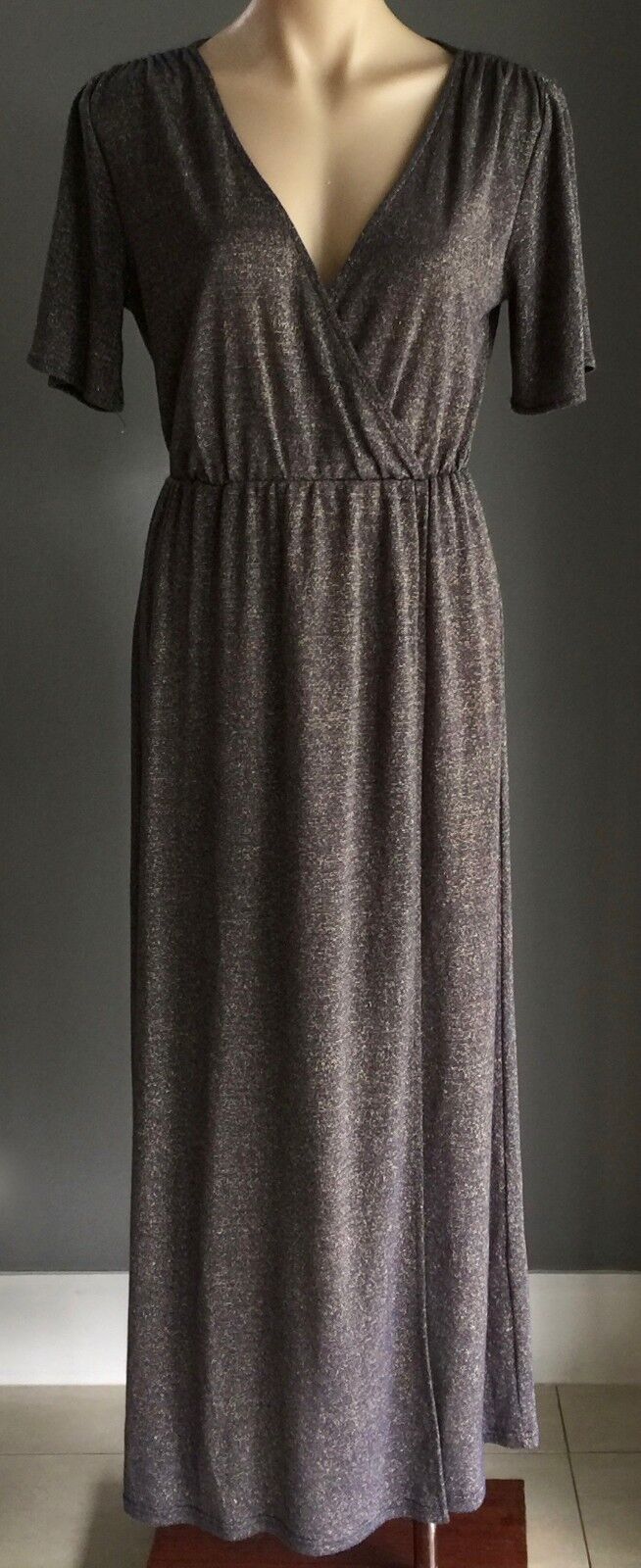 ZALORA PREMIUM Maxi Dress Navy & Gold Thread Elastic Waist Gown Size S  10