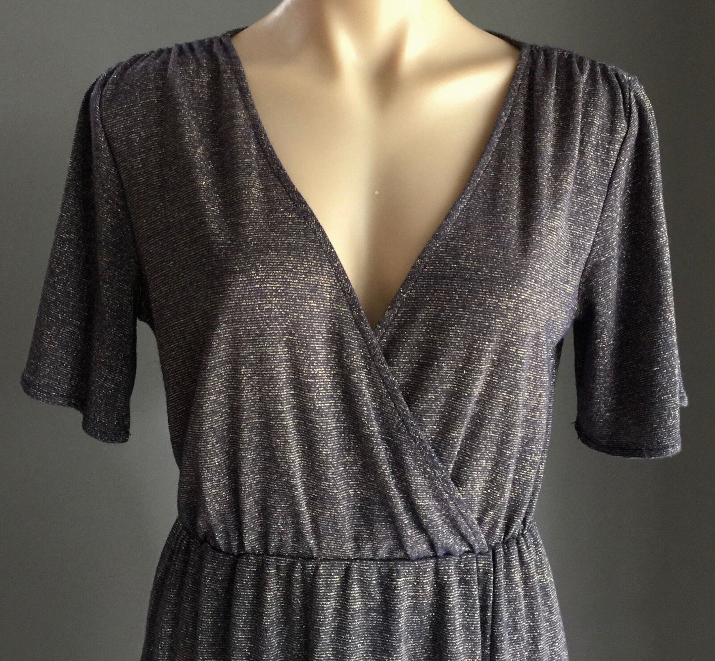 ZALORA PREMIUM Maxi Dress Navy & Gold Thread Elastic Waist Gown Size S  10
