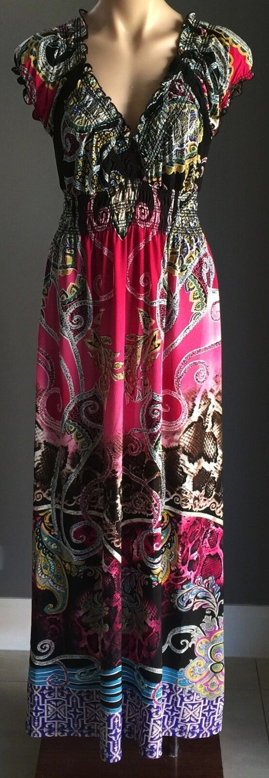 Maxi Dress STRIKING MultiColoured Stretch Cap Sleeve Long L 12 14 Gorgeous NEW
