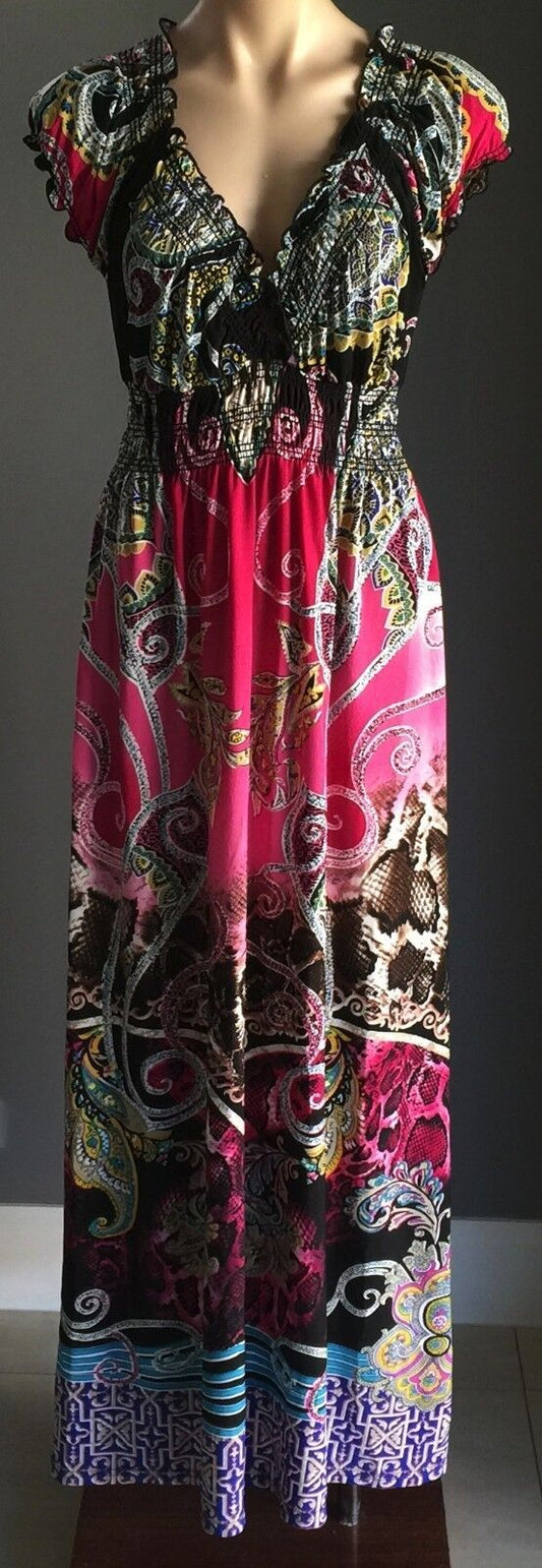 Maxi Dress STRIKING MultiColoured Stretch Cap Sleeve Long L 12 14 Gorgeous NEW