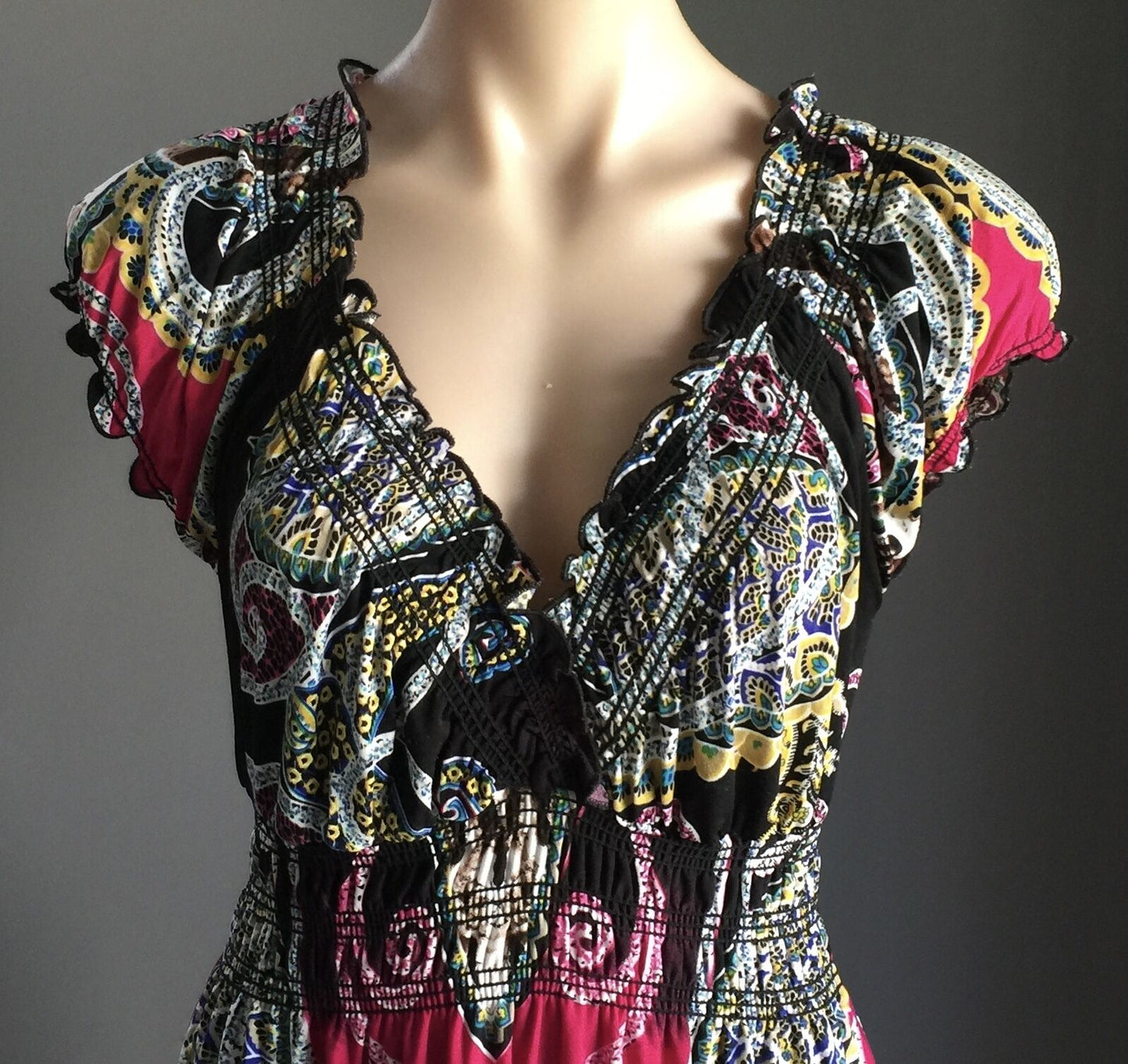 Maxi Dress STRIKING MultiColoured Stretch Cap Sleeve Long L 12 14 Gorgeous NEW