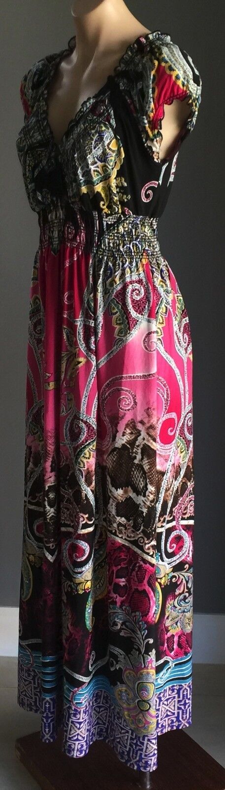 Maxi Dress STRIKING MultiColoured Stretch Cap Sleeve Long L 12 14 Gorgeous NEW