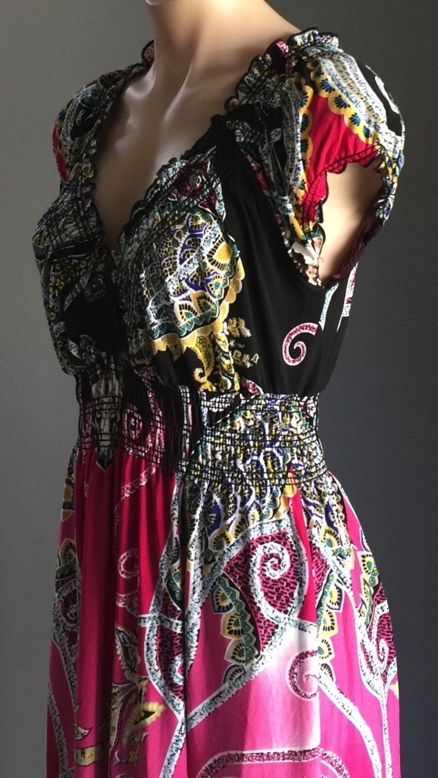 Maxi Dress STRIKING MultiColoured Stretch Cap Sleeve Long L 12 14 Gorgeous NEW