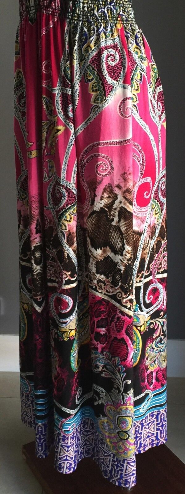 Maxi Dress STRIKING MultiColoured Stretch Cap Sleeve Long L 12 14 Gorgeous NEW