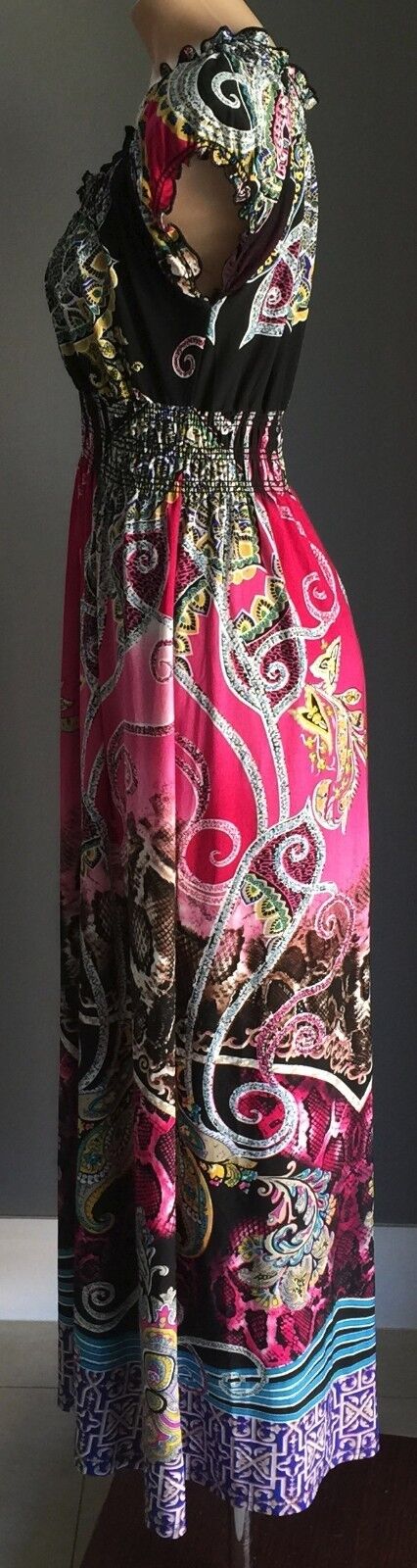 Maxi Dress STRIKING MultiColoured Stretch Cap Sleeve Long L 12 14 Gorgeous NEW