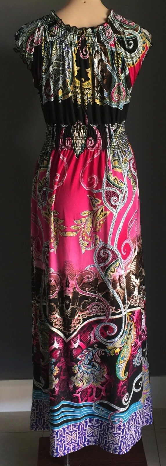 Maxi Dress STRIKING MultiColoured Stretch Cap Sleeve Long L 12 14 Gorgeous NEW