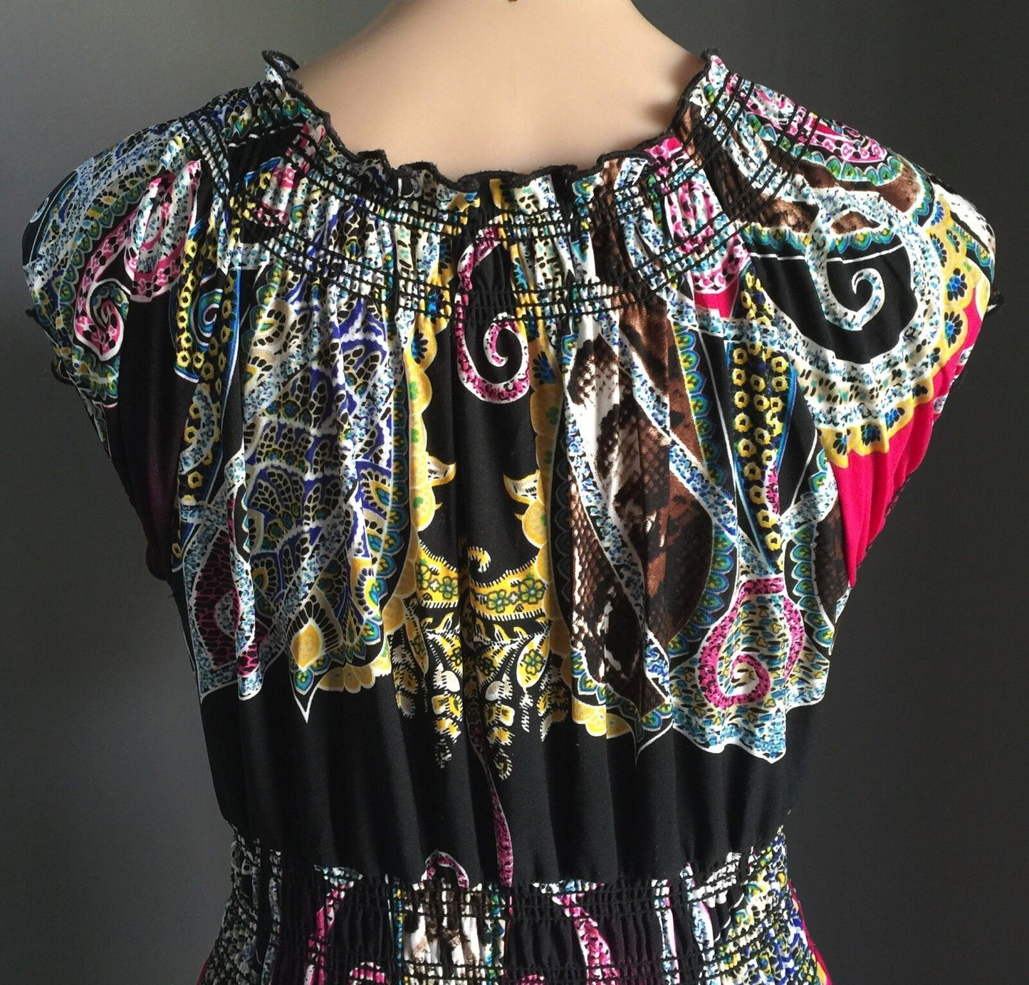 Maxi Dress STRIKING MultiColoured Stretch Cap Sleeve Long L 12 14 Gorgeous NEW