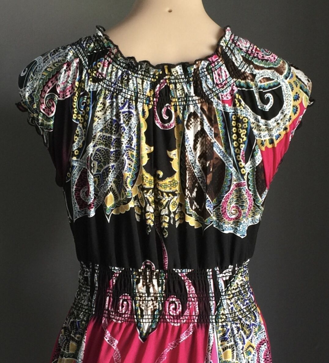 Maxi Dress STRIKING MultiColoured Stretch Cap Sleeve Long L 12 14 Gorgeous NEW