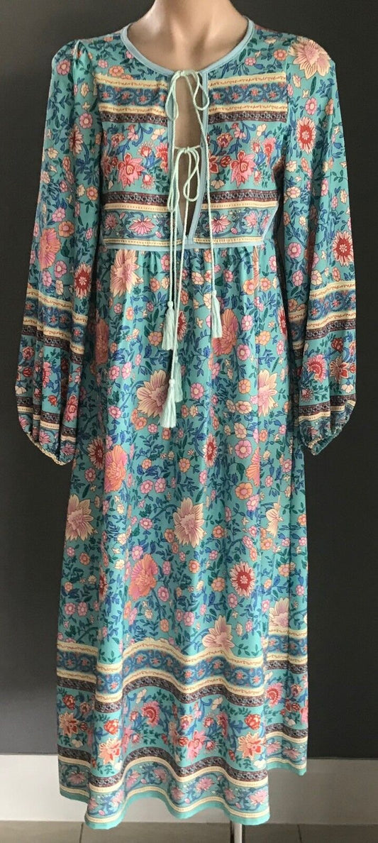 Maxi Dress MultiColoured Floral Print Long Sleeve Tassels Ties Long Sz S 10 NEW