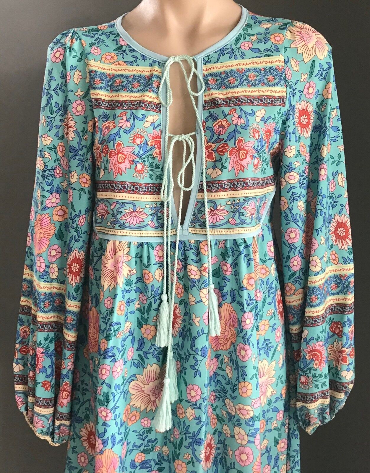 Maxi Dress MultiColoured Floral Print Long Sleeve Tassels Ties Long Sz S 10 NEW