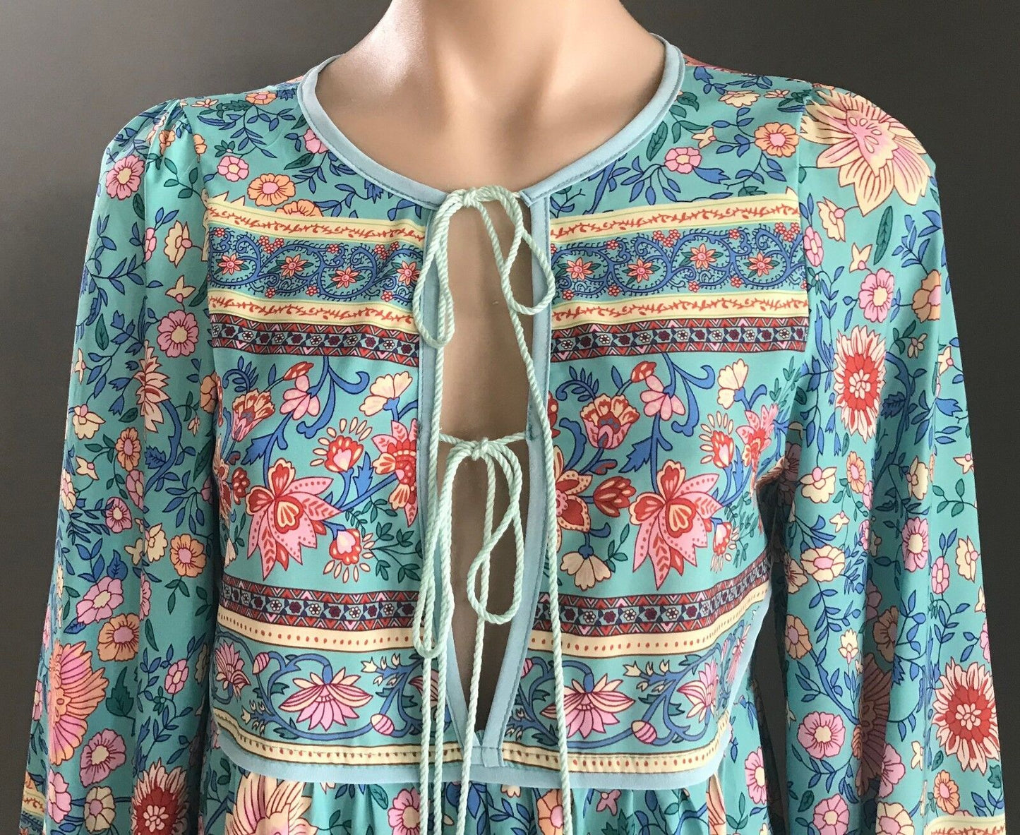 Maxi Dress MultiColoured Floral Print Long Sleeve Tassels Ties Long Sz S 10 NEW