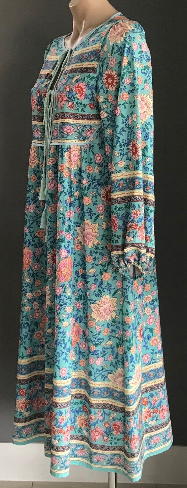Maxi Dress MultiColoured Floral Print Long Sleeve Tassels Ties Long Sz S 10 NEW