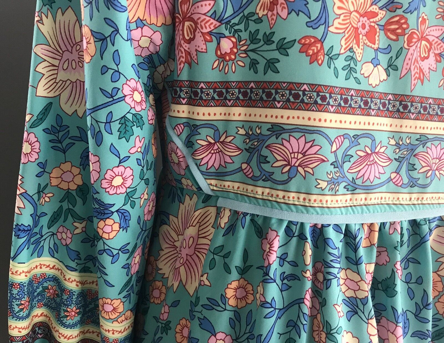 Maxi Dress MultiColoured Floral Print Long Sleeve Tassels Ties Long Sz S 10 NEW