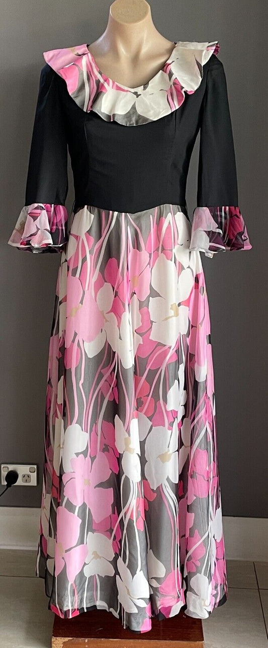 GRATH ELMS Gown Black Pink White Beige Floral Size 12 Vintage Maxi Dress  1960s