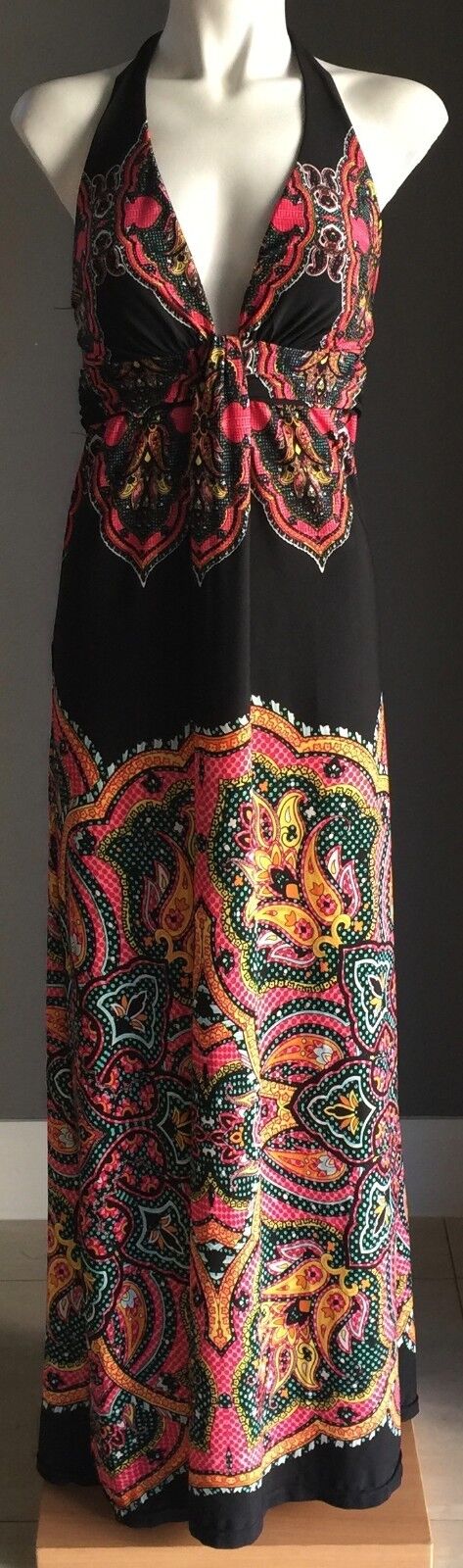 BLOCKOUT Maxi Dress Black & Colourful Print Stretch Halter Size M 8 1970s NEW