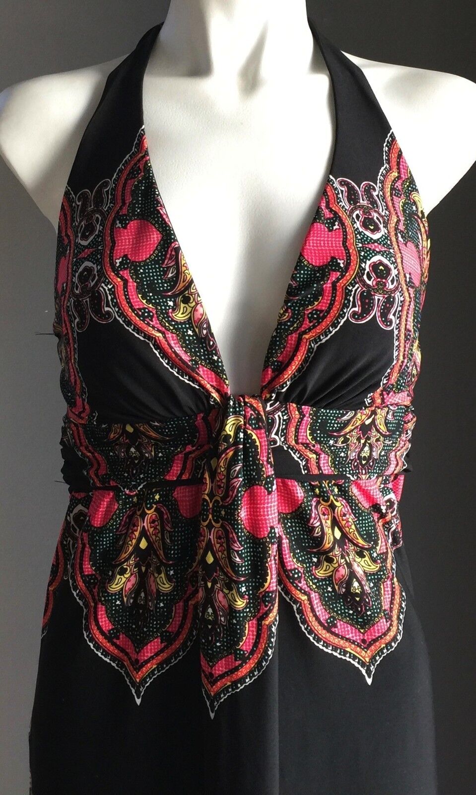 BLOCKOUT Maxi Dress Black & Colourful Print Stretch Halter Size M 8 1970s NEW