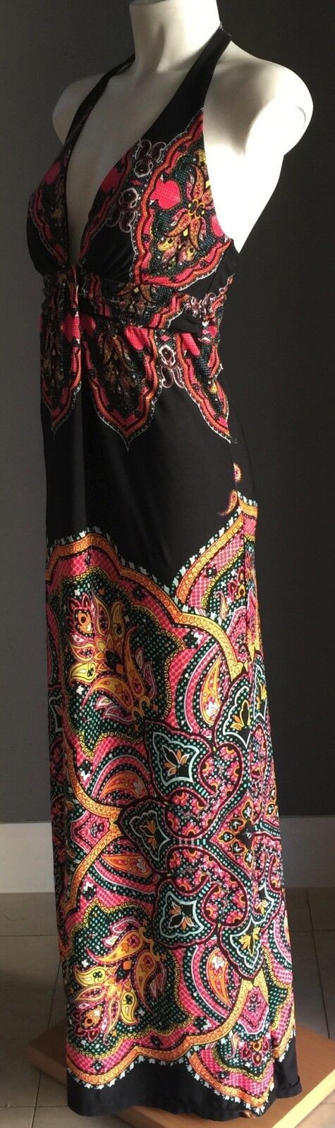 BLOCKOUT Maxi Dress Black & Colourful Print Stretch Halter Size M 8 1970s NEW