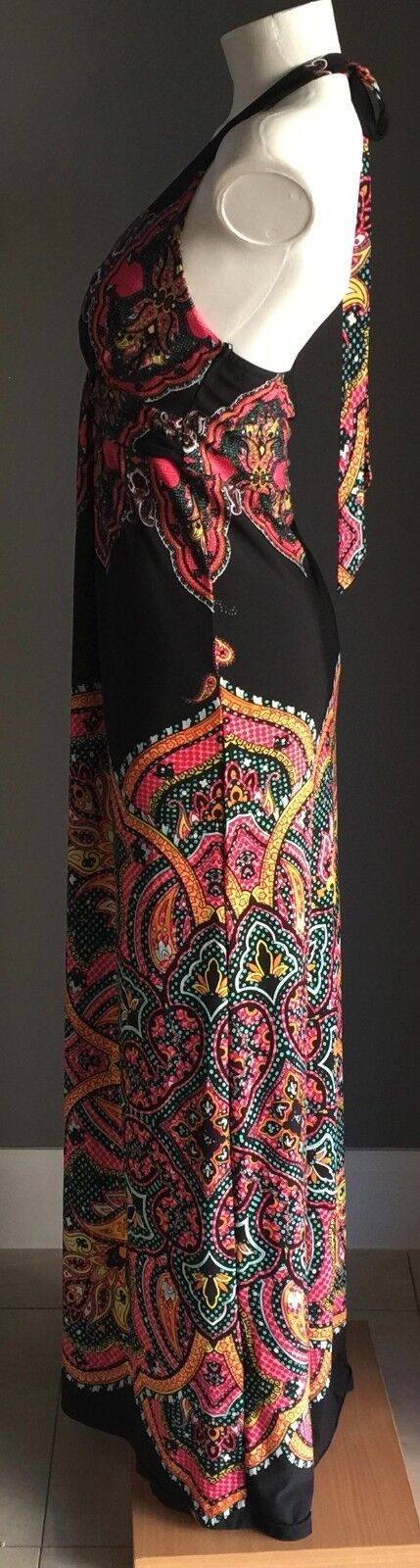 BLOCKOUT Maxi Dress Black & Colourful Print Stretch Halter Size M 8 1970s NEW