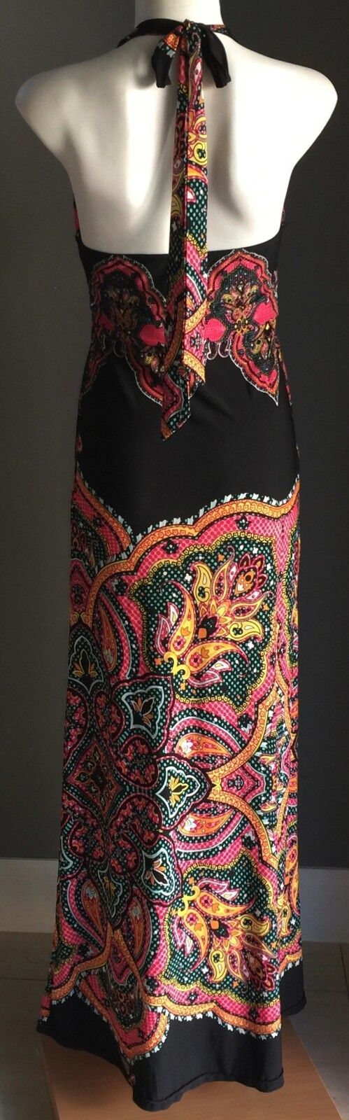 BLOCKOUT Maxi Dress Black & Colourful Print Stretch Halter Size M 8 1970s NEW