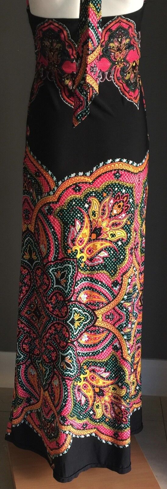 BLOCKOUT Maxi Dress Black & Colourful Print Stretch Halter Size M 8 1970s NEW