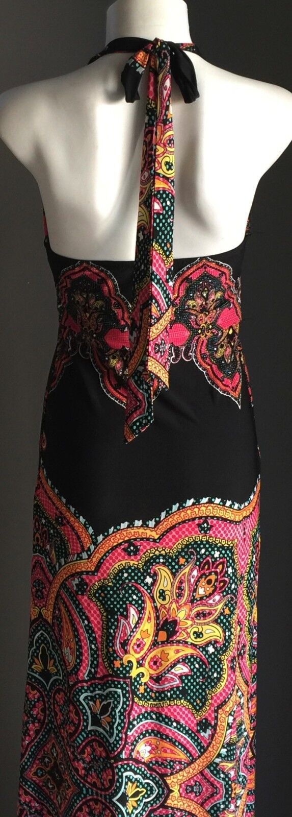 BLOCKOUT Maxi Dress Black & Colourful Print Stretch Halter Size M 8 1970s NEW