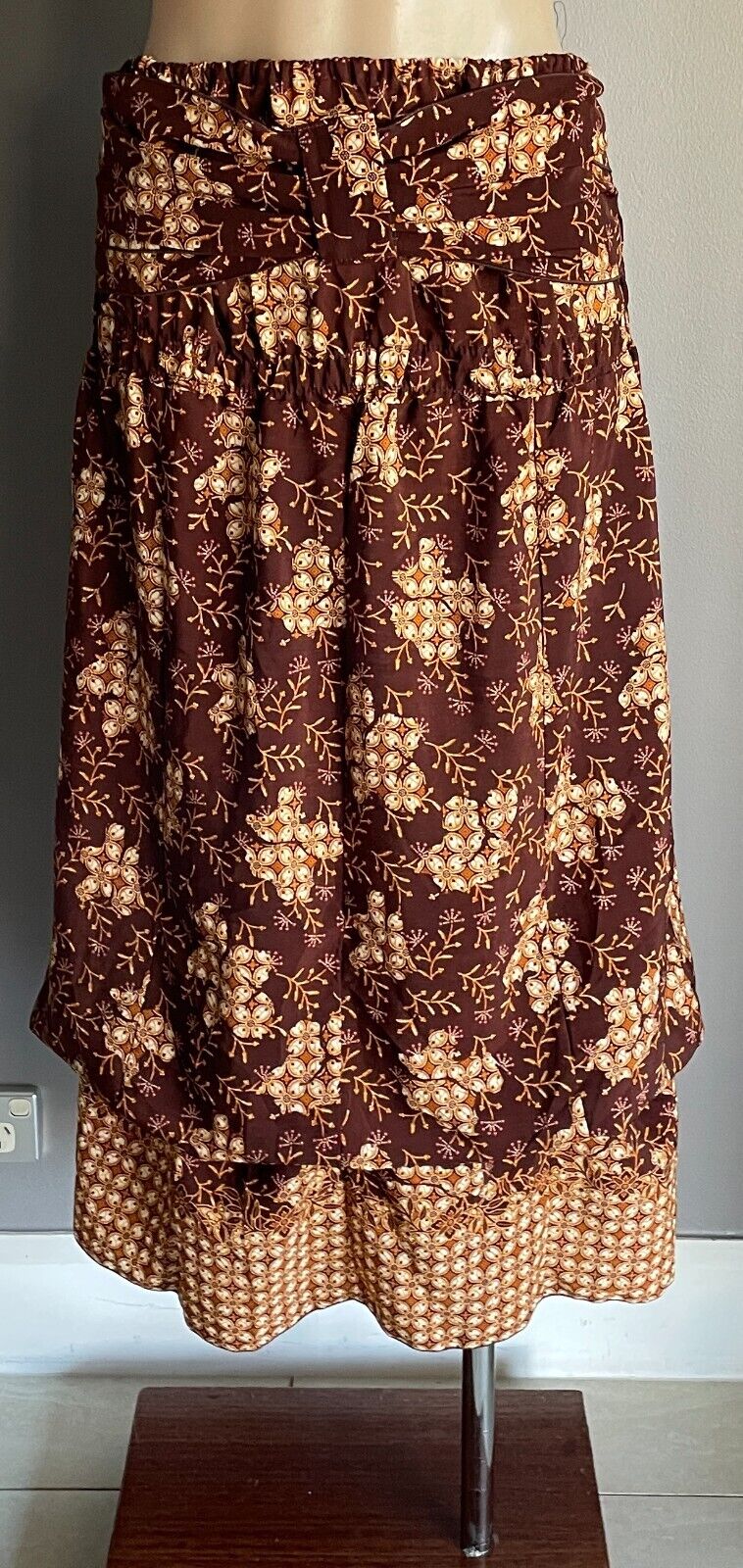 BATIK Skirt Brown Floral Fabric Strapless Dress Pick Ups Elastic Waist Sz 10 NEW