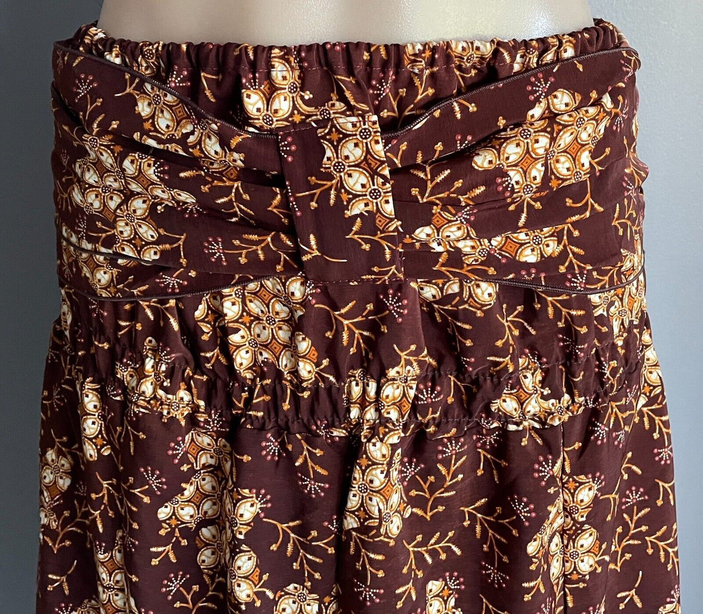 BATIK Skirt Brown Floral Fabric Strapless Dress Pick Ups Elastic Waist Sz 10 NEW