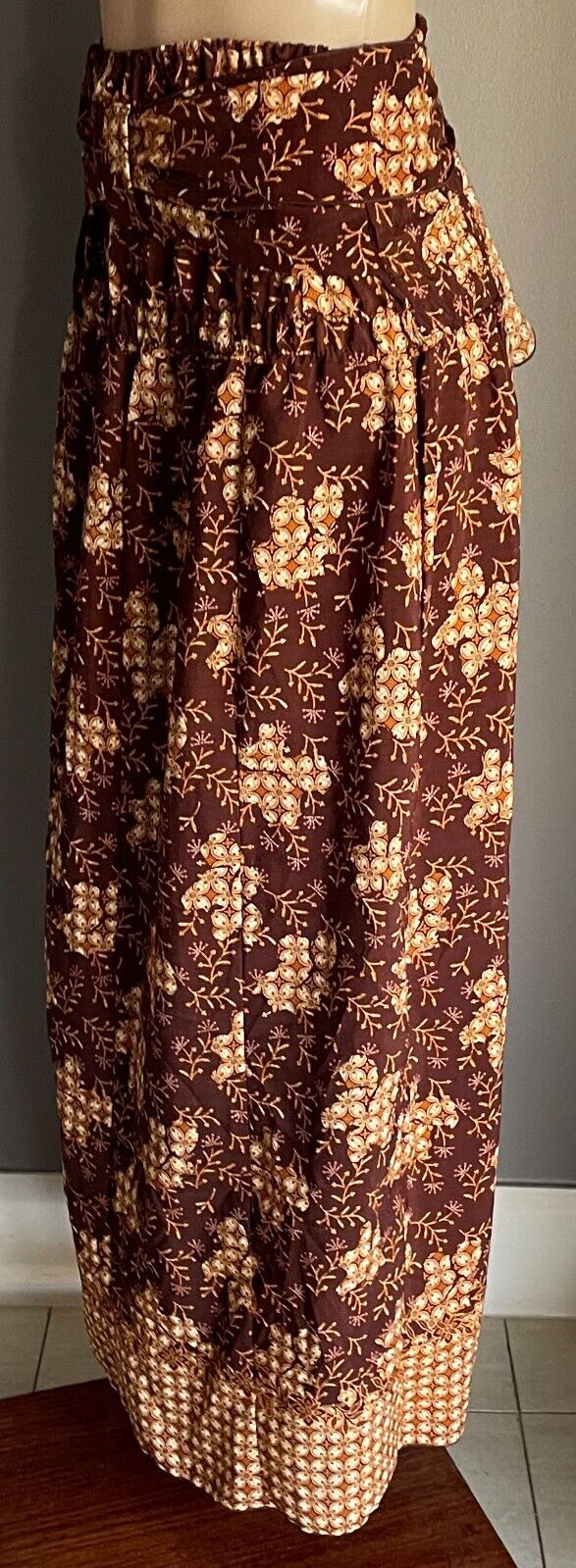 BATIK Skirt Brown Floral Fabric Strapless Dress Pick Ups Elastic Waist Sz 10 NEW