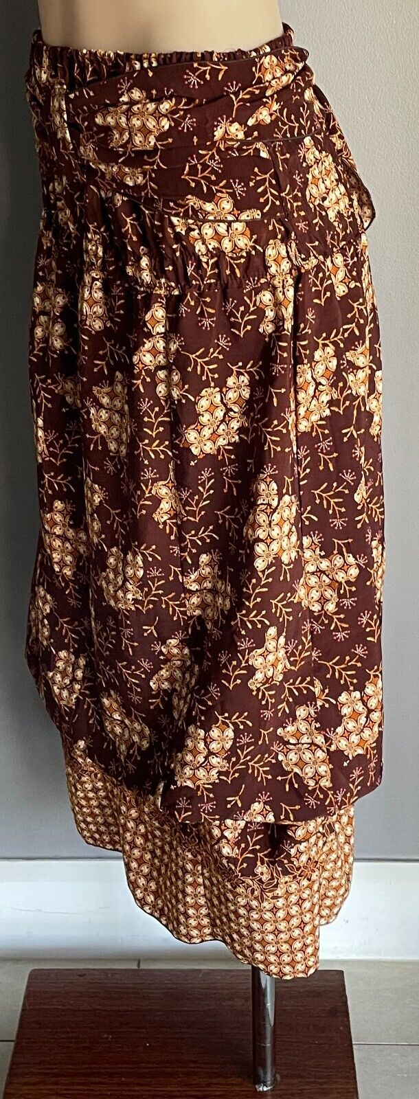 BATIK Skirt Brown Floral Fabric Strapless Dress Pick Ups Elastic Waist Sz 10 NEW