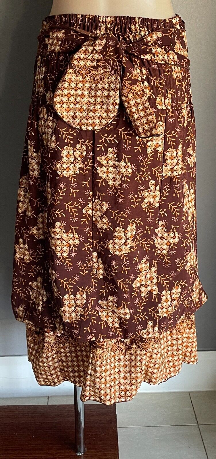 BATIK Skirt Brown Floral Fabric Strapless Dress Pick Ups Elastic Waist Sz 10 NEW