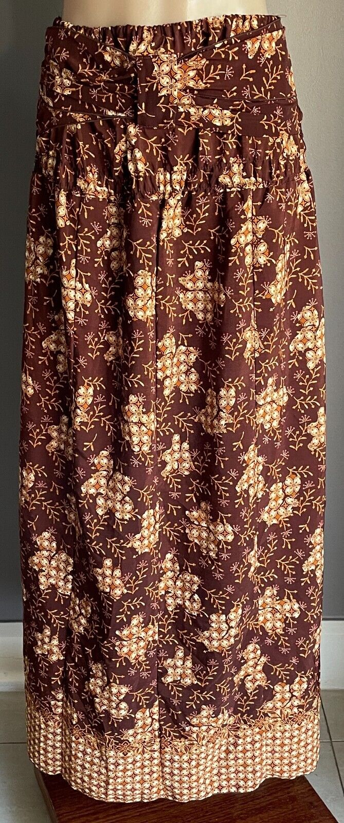 BATIK Skirt Brown Floral Fabric Strapless Dress Pick Ups Elastic Waist Sz 10 NEW