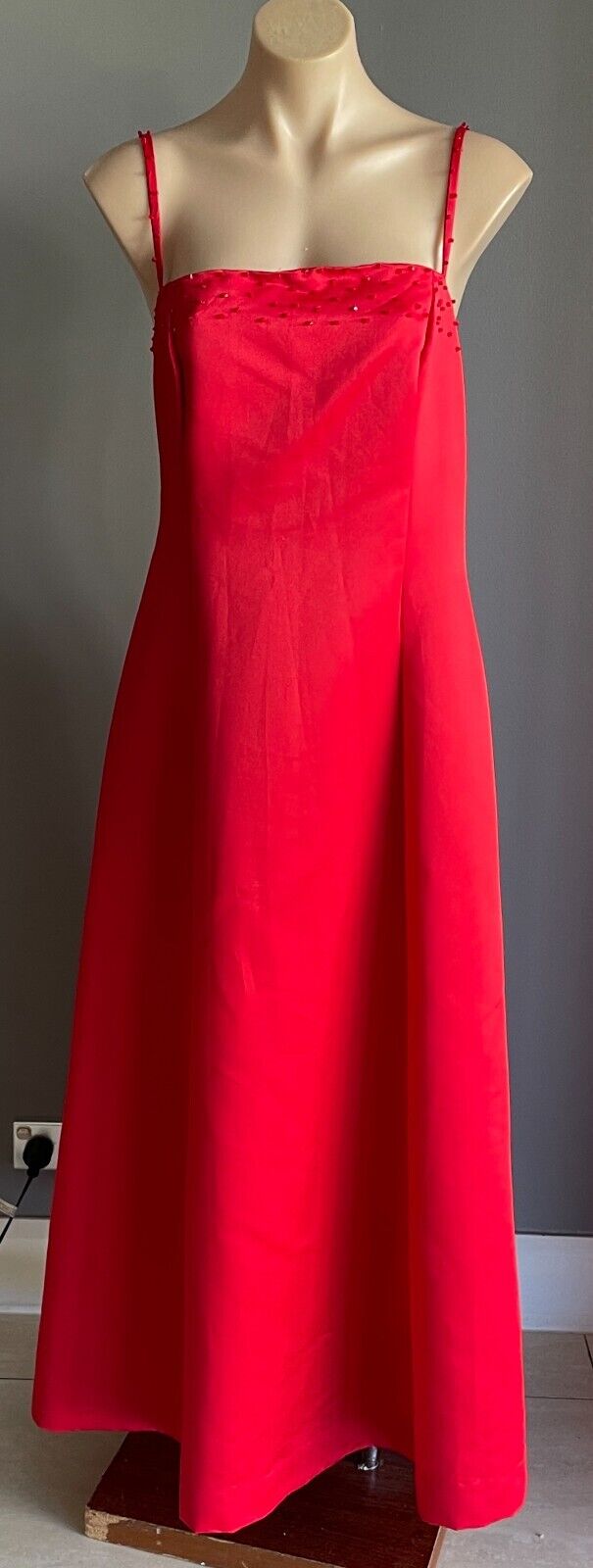Maxi Dress Handmade Red Sleeveless Beaded Straps Neck A-Line Size 12 Vintage
