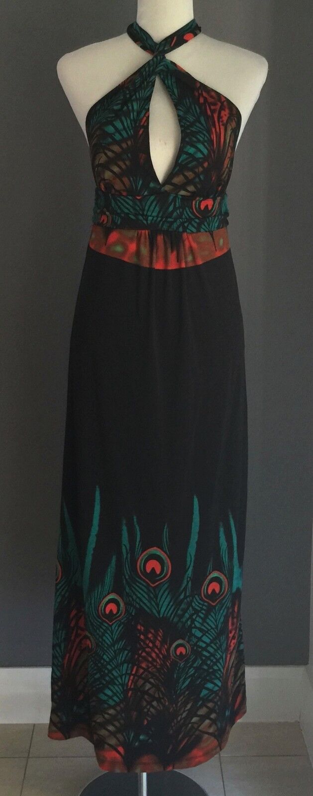 KITTY KAT Maxi Dress MultiColoured Print Keyhole Long Ladies Size 12 Unique NEW