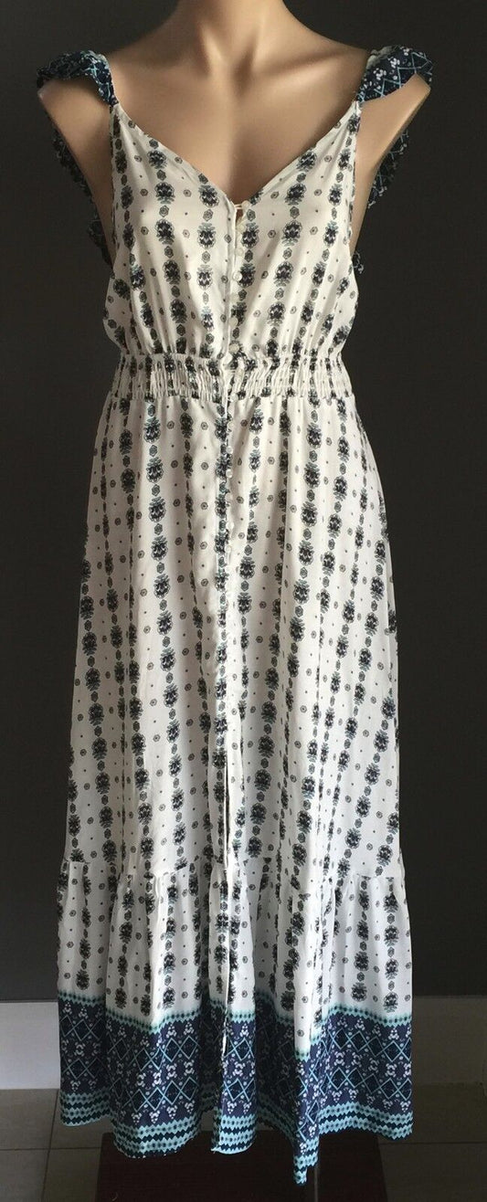 Maxi Dress PINK DIAMOND White Green & Blue Print Backless Long Size M 12 NEW
