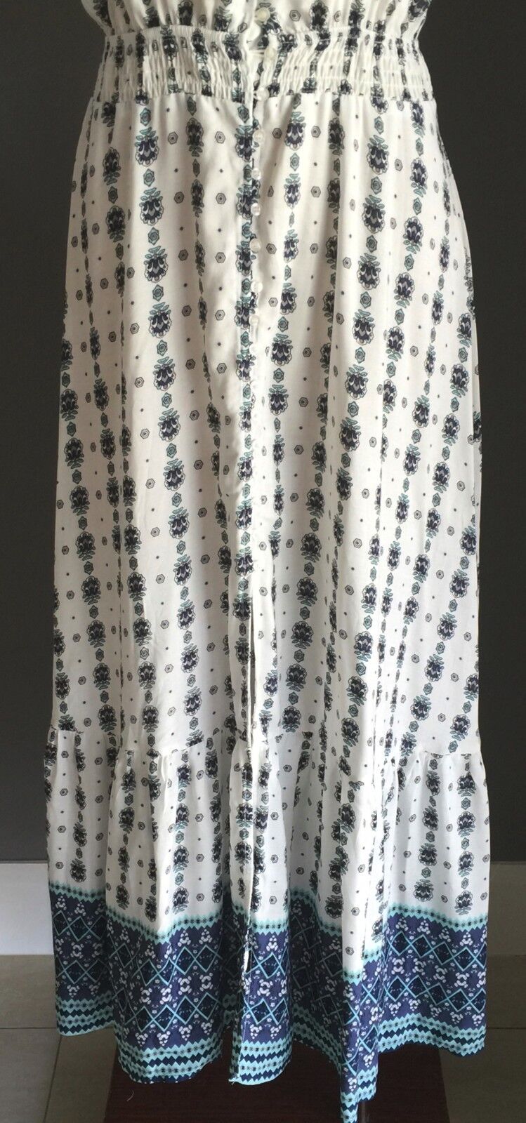 Maxi Dress PINK DIAMOND White Green & Blue Print Backless Long Size M 12 NEW