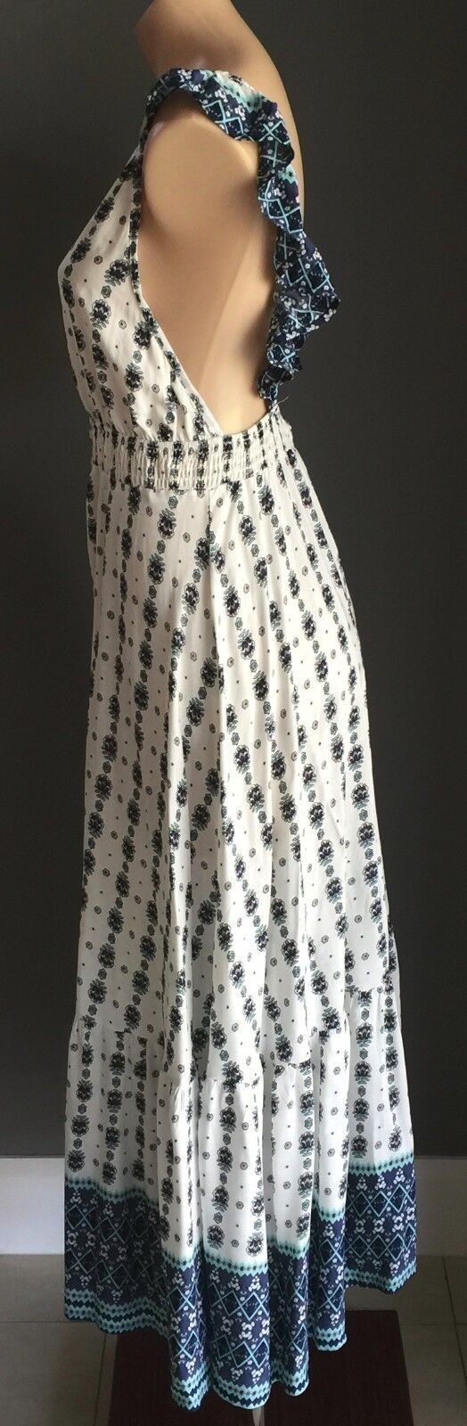 Maxi Dress PINK DIAMOND White Green & Blue Print Backless Long Size M 12 NEW