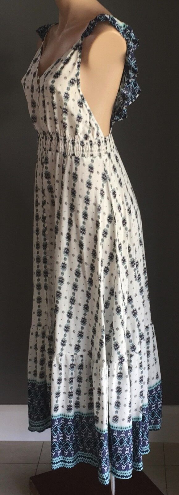 Maxi Dress PINK DIAMOND White Green & Blue Print Backless Long Size M 12 NEW