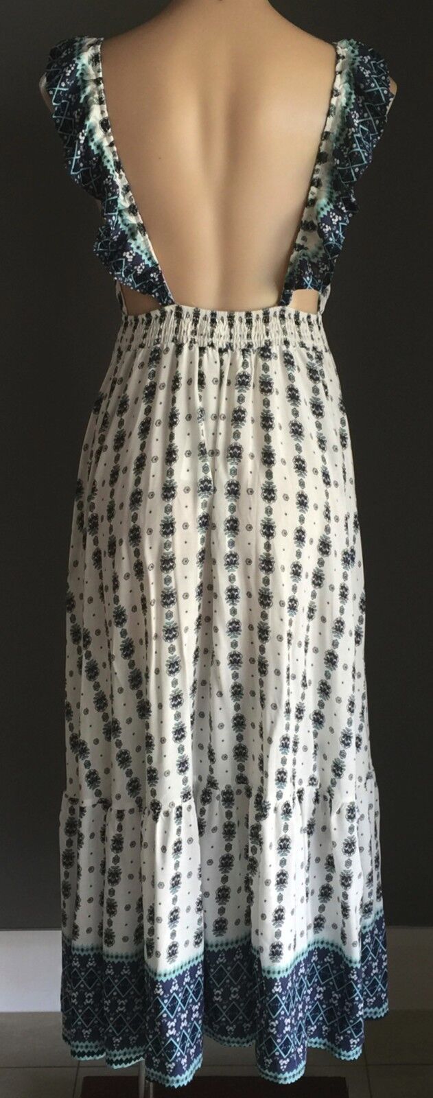 Maxi Dress PINK DIAMOND White Green & Blue Print Backless Long Size M 12 NEW