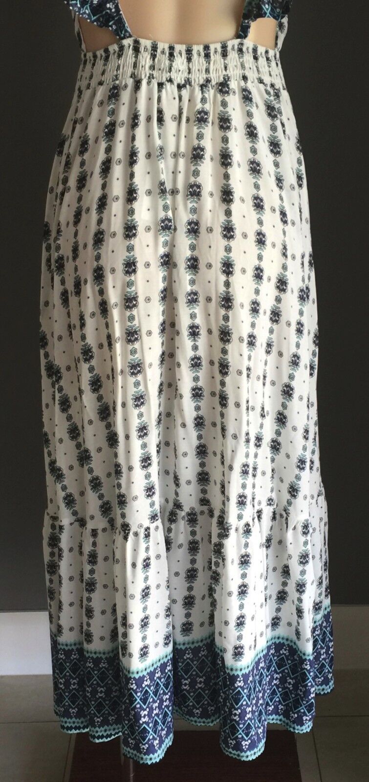 Maxi Dress PINK DIAMOND White Green & Blue Print Backless Long Size M 12 NEW