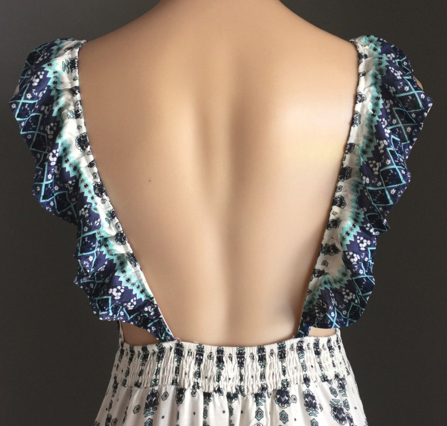 Maxi Dress PINK DIAMOND White Green & Blue Print Backless Long Size M 12 NEW