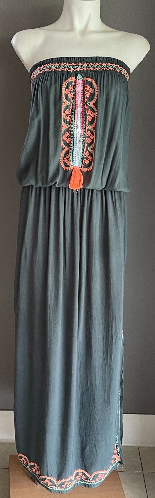 Maxi Dress Dark Sage Green Coral Red Shirred Strapless Elastic Waist Size 10