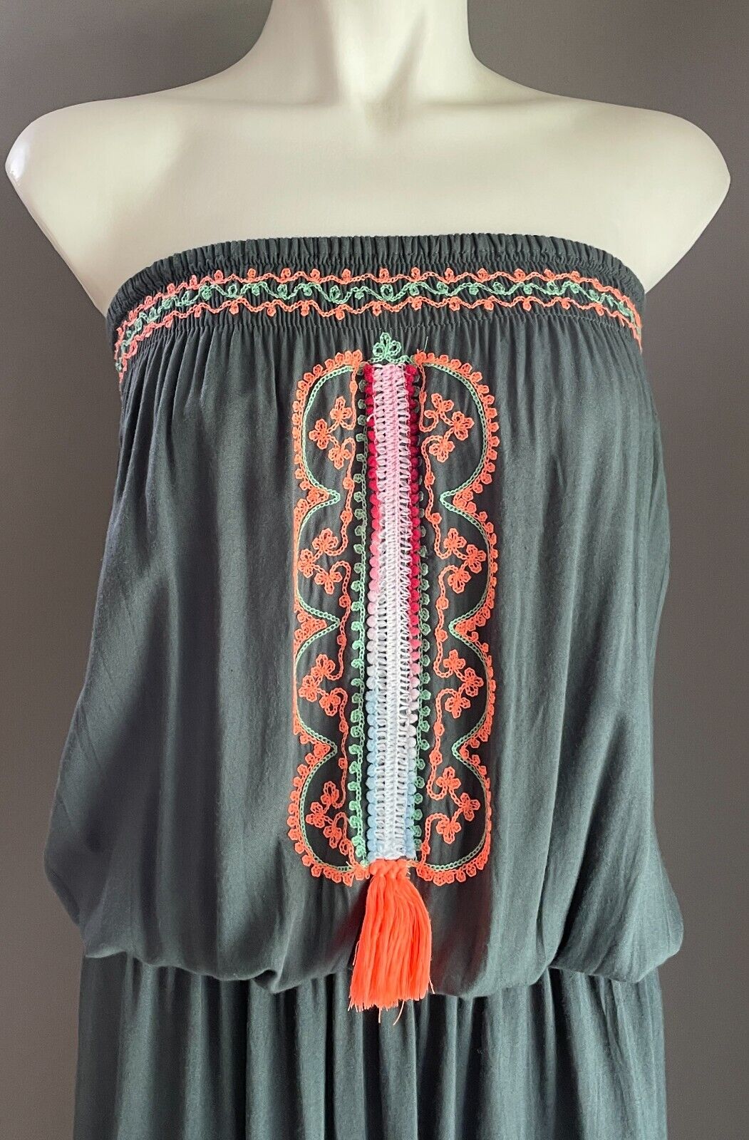 Maxi Dress Dark Sage Green Coral Red Shirred Strapless Elastic Waist Size 10