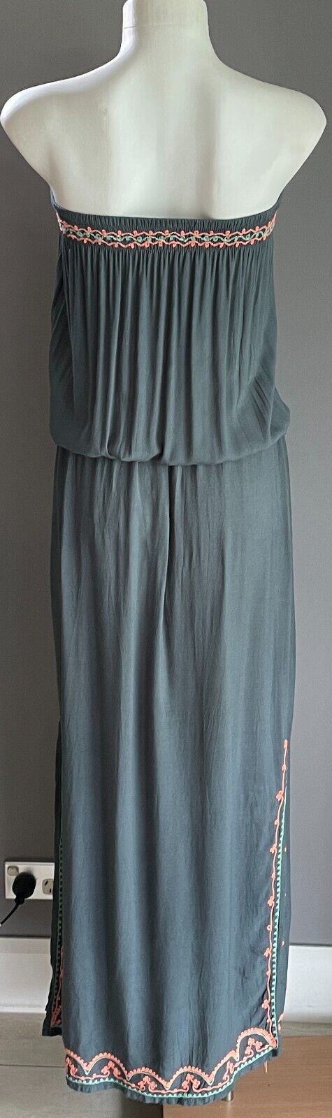 Maxi Dress Dark Sage Green Coral Red Shirred Strapless Elastic Waist Size 10