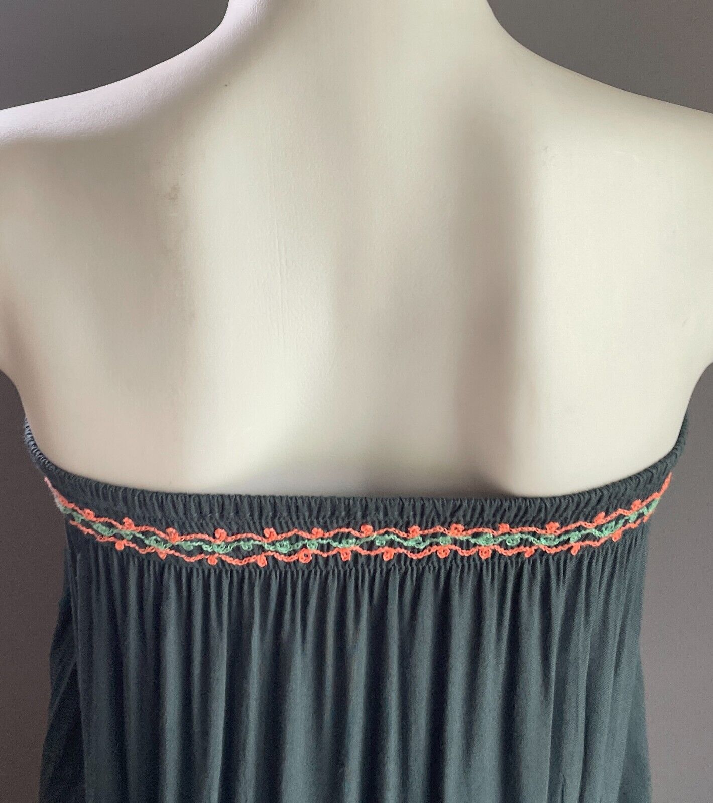 Maxi Dress Dark Sage Green Coral Red Shirred Strapless Elastic Waist Size 10
