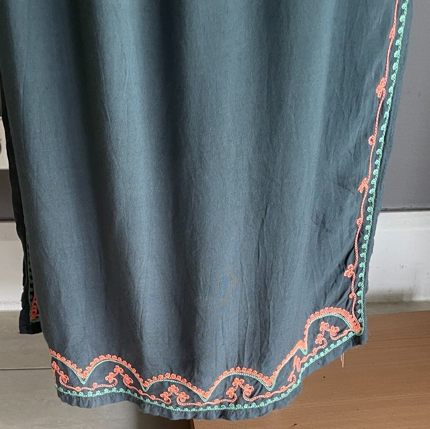 Maxi Dress Dark Sage Green Coral Red Shirred Strapless Elastic Waist Size 10