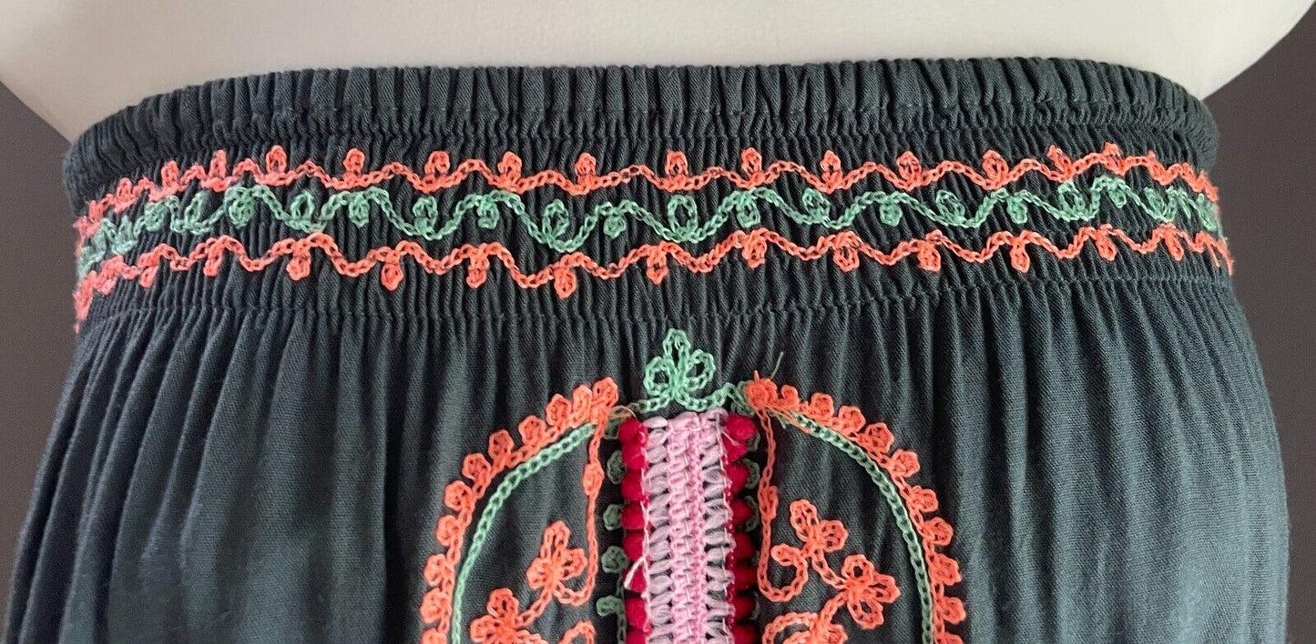 Maxi Dress Dark Sage Green Coral Red Shirred Strapless Elastic Waist Size 10