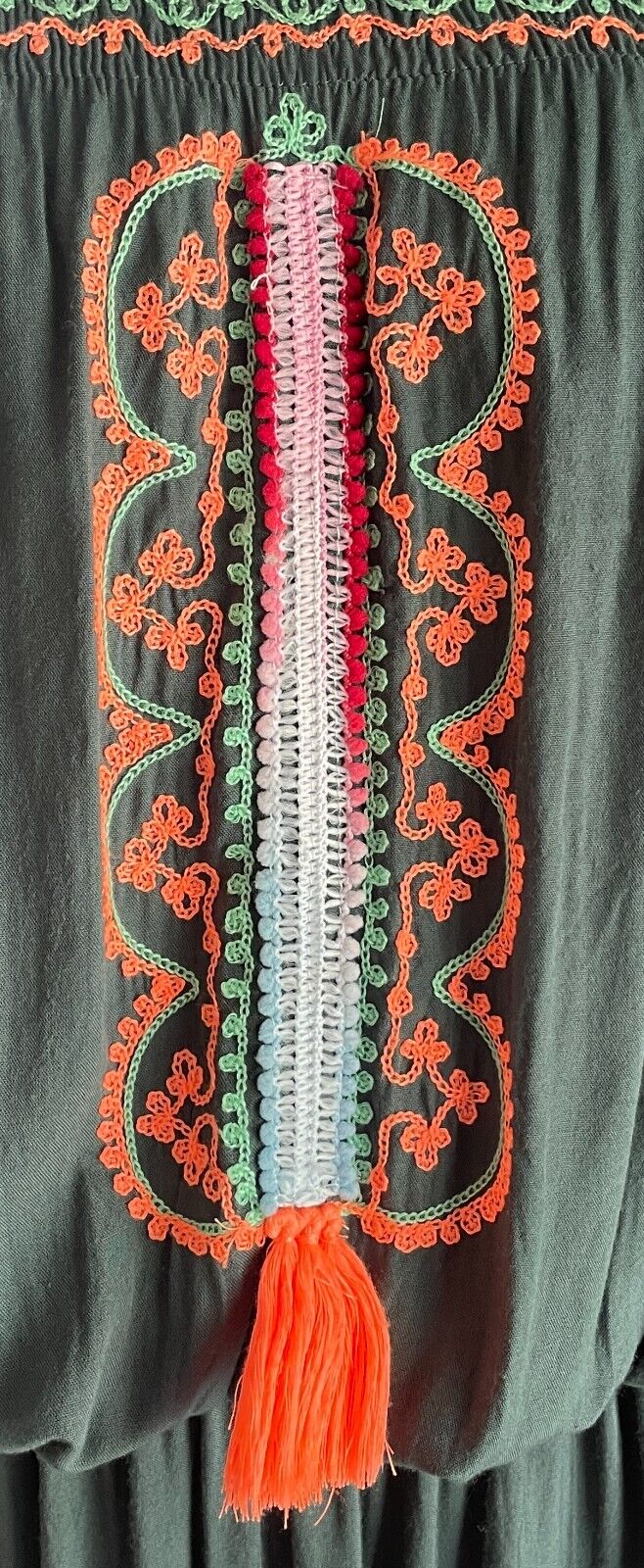 Maxi Dress Dark Sage Green Coral Red Shirred Strapless Elastic Waist Size 10