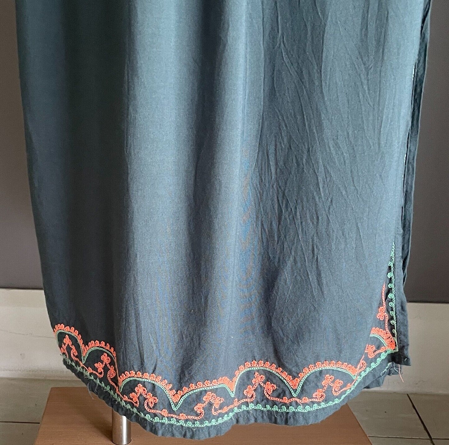Maxi Dress Dark Sage Green Coral Red Shirred Strapless Elastic Waist Size 10