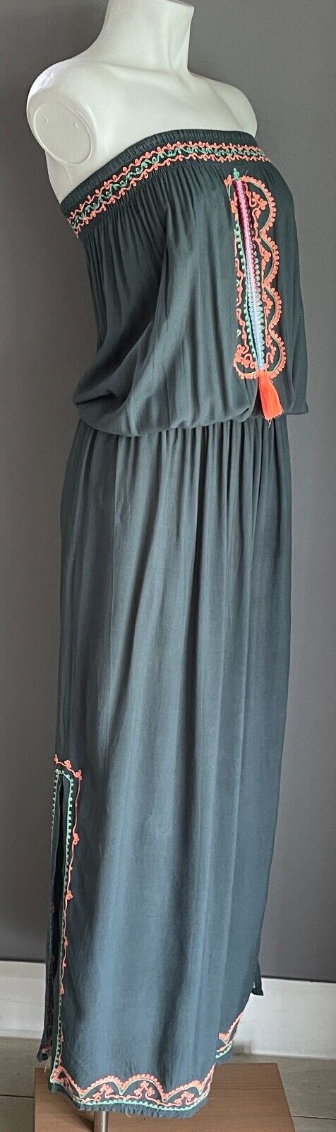 Maxi Dress Dark Sage Green Coral Red Shirred Strapless Elastic Waist Size 10