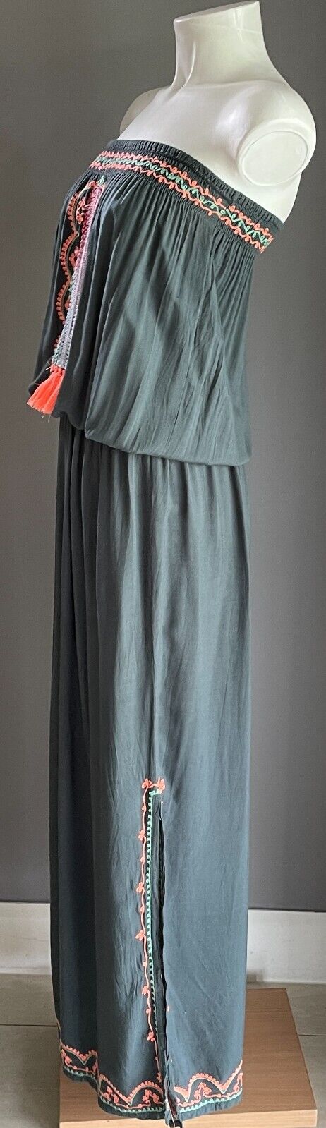Maxi Dress Dark Sage Green Coral Red Shirred Strapless Elastic Waist Size 10